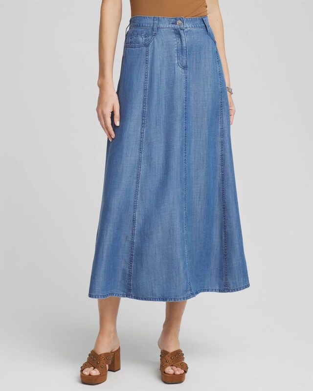 Lightweight Denim Fly Front Midi Skirt - image 2